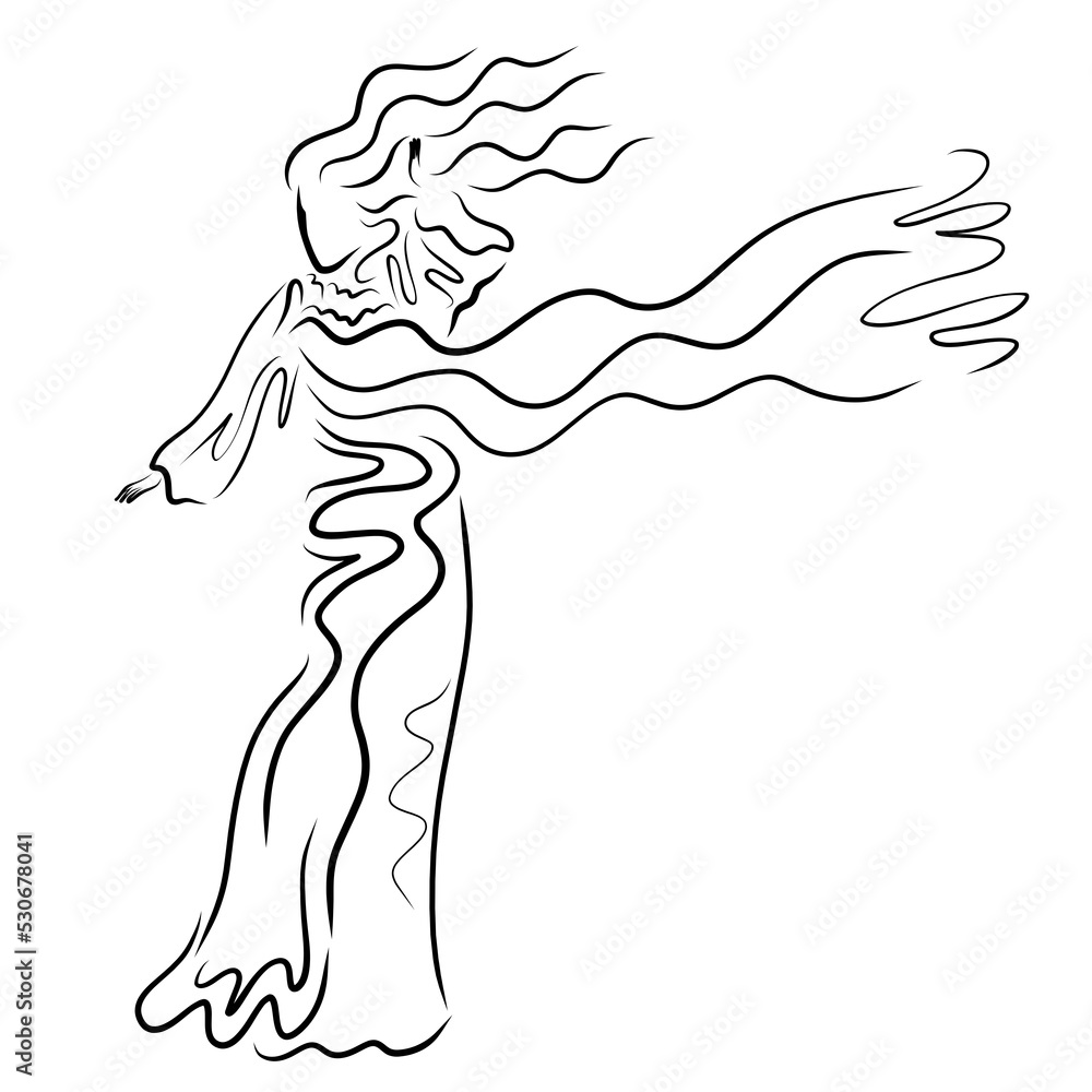 young woman in indian sari and strong wind blowing, black outline silhouette