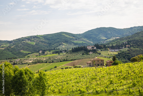 Rural view of Tuscany with rolling green hills and traditional Tuscan architecture on a partly sunny day.