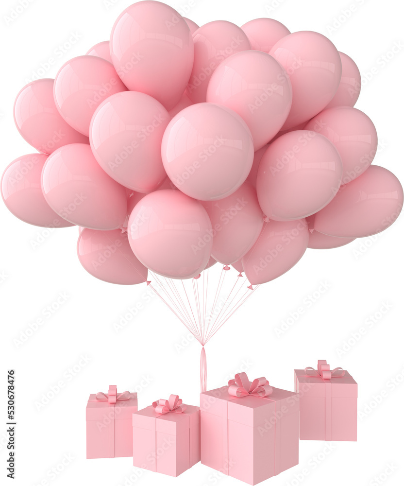 3d render illustration of realistic pink balloons and gift box with bow ...
