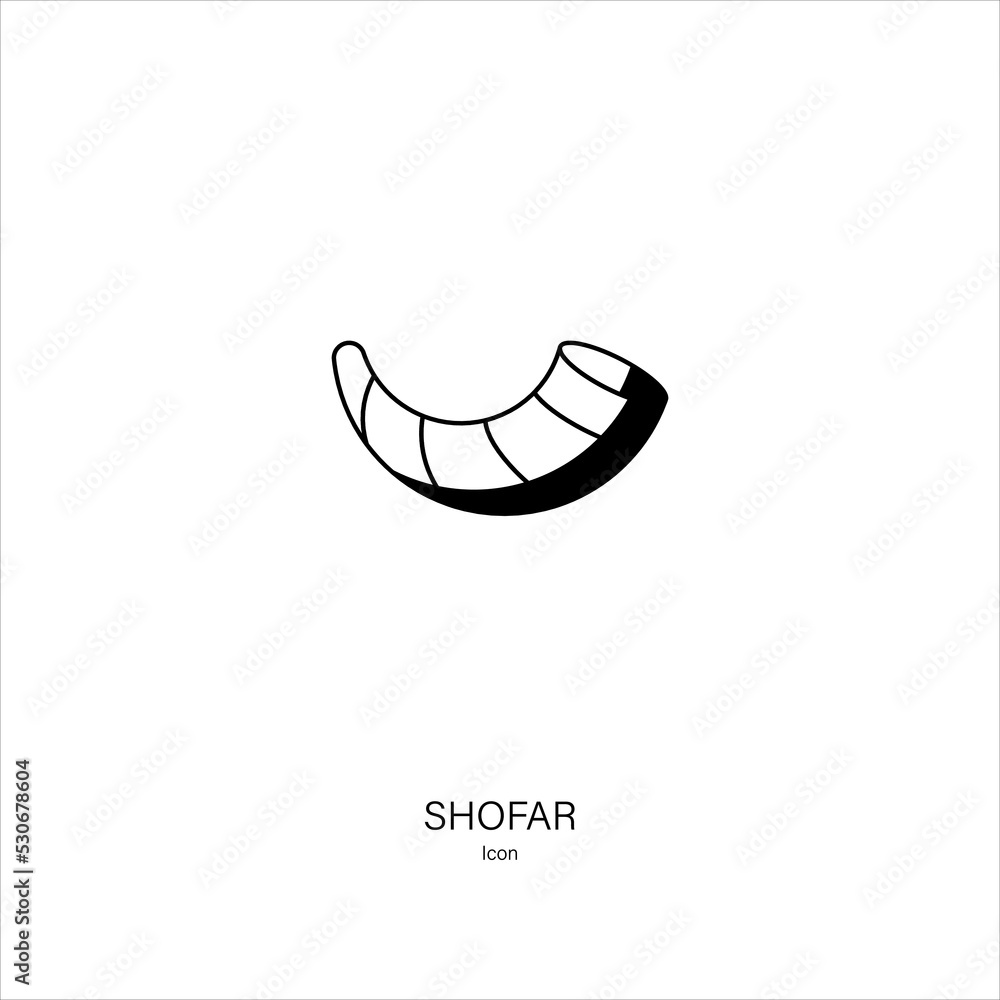 Shofar (horn) icon in black on white background. Traditional symbol of