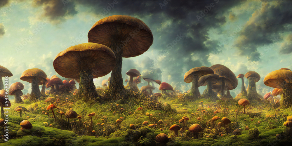 fantasy landscape with giant mushrooms Stock Illustration | Adobe Stock