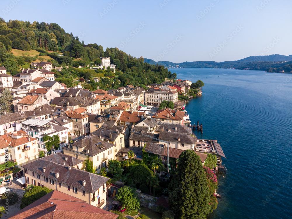Aerial view of Orta San Giulio lake in Piedmont, italy