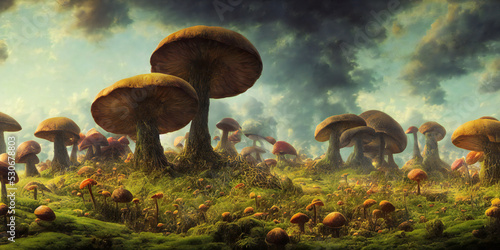 fantasy landscape with giant mushrooms