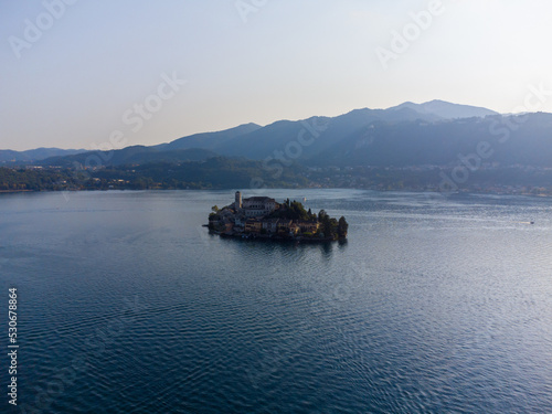 Aerial view of Orta San Giulio lake and island in Piedmont, italy