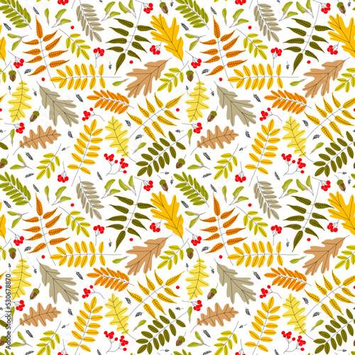 Falling autumn leaves, berries, seeds and acorns seamless pattern. Vector illustration. Background for textile or book covers, wallpaper, design, graphics, printing, hobbies, invitations.