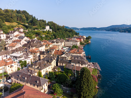 Aerial view of Orta San Giulio lake in Piedmont, italy
