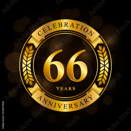 66 Year Anniversary celebration template design, with shiny ring and gold ribbon, laurel wreath isolated on black background, logo vector