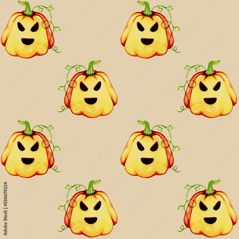 Fototapeta premium Halloween. Watercolor seamless pattern with hand drawn pumpkin. Creative for fabric, packaging, textile, wallpaper, paper or background