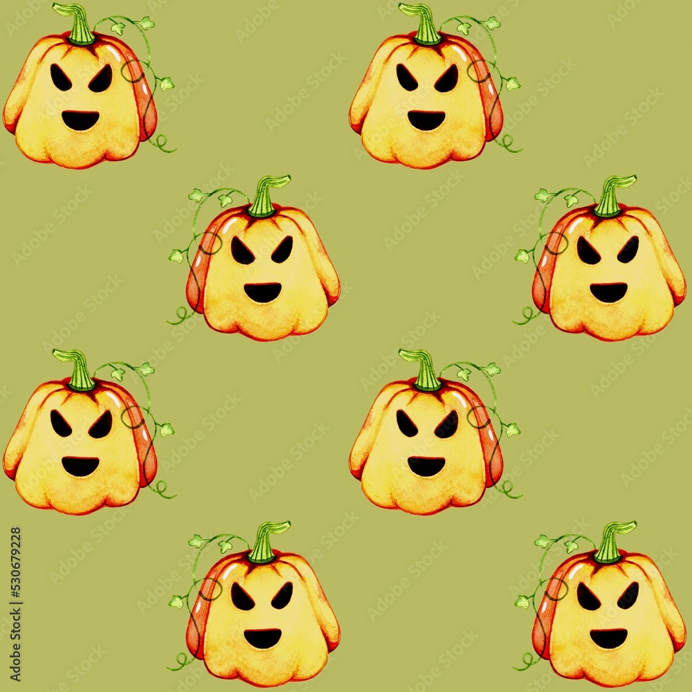 Fototapeta premium Halloween. Watercolor seamless pattern with hand drawn pumpkin. Creative for fabric, packaging, textile, wallpaper, paper or background