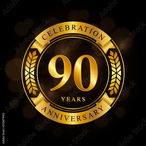 90 Year Anniversary celebration template design, with shiny ring and gold ribbon, laurel wreath isolated on black background, logo vector