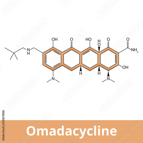 Omadacycline. Broad spectrum antibiotic medication used for treatment of bacterial pneumonia and acute skin and skin structure infections. Chemical structure.