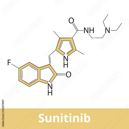 Sunitinib. Medication used to treat cancer. Multi-targeted receptor tyrosine kinase inhibitor used for treatment of renal cell carcinoma gastrointestinal stromal tumor. Chemical structure.
