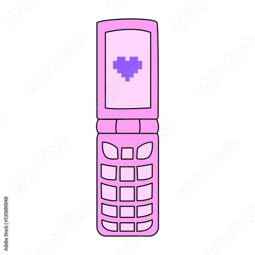 Retro flip phone in retrowave aesthetic. Pixel purple heart. Vector nostalgic illustration in y2k, 00s, 90s concept