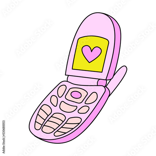 Cute retro flip phone in retrowave aesthetic. Vector nostalgic illustration in y2k, 00s, 90s concept on isolated background