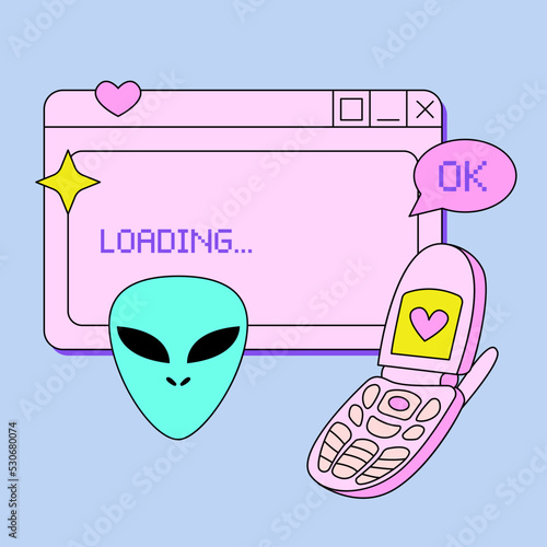 Retro y2k digital screen user interface with flip phone, pixel words, alien face, heart and star. Vector illustration on isolated background. Old computer window in retrowave 90s, 00s style