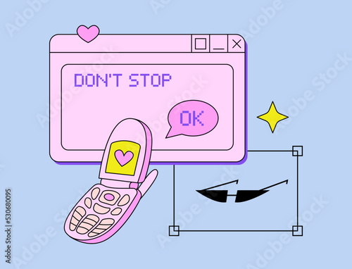 Retro y2k digital screen user interface with flip phone, pixel words, sunglasses, heart and star. Vector illustration on isolated background. Old computer window in retrowave 90s, 00s style