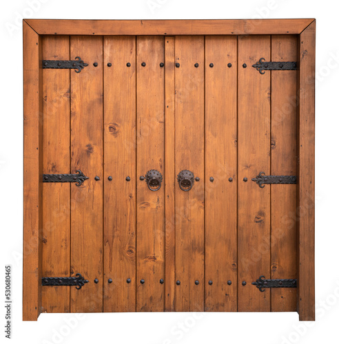 vintage wooden large double barn door with brown wood texture and metallic handle and bolts isolated on white