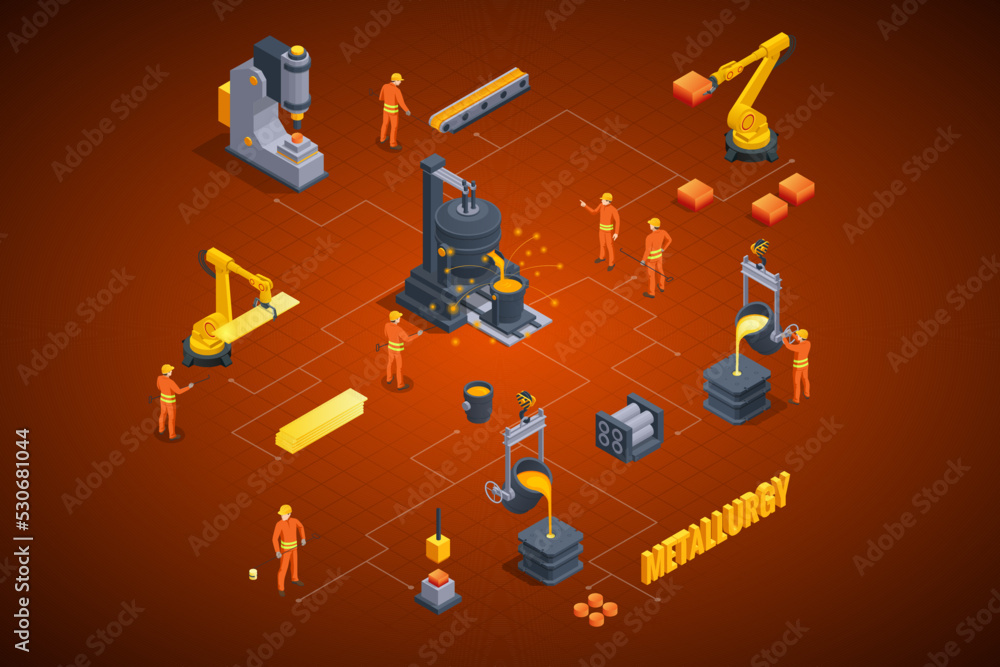 Isometric industrial steel production and metallurgy. Foundry