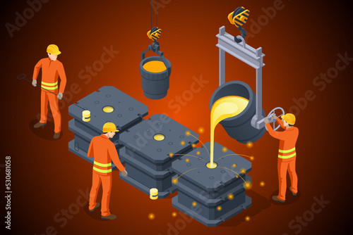 Isometric industrial steel production and metallurgy. Foundry metallurgy processes in factory workers. Hot steel pouring in steel plant Blast furnace