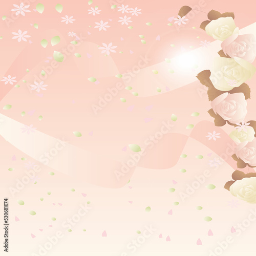 Pink background with beige ribbons flowers and pastel shades leaves