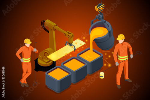 Isometric industrial steel production and metallurgy. Foundry metallurgy processes in factory workers. Hot steel pouring in steel plant Blast furnace