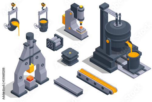Isometric industrial steel production and metallurgy. Hot steel pouring in steel plant. Icons set with automated plant equipment. Blast furnace