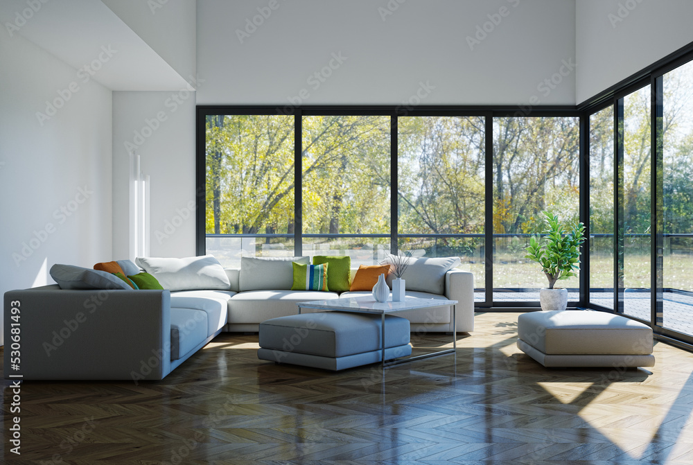 Fototapeta premium Illustration 3D rendering large luxury modern bright interiors Living room mockup computer digitally generated image