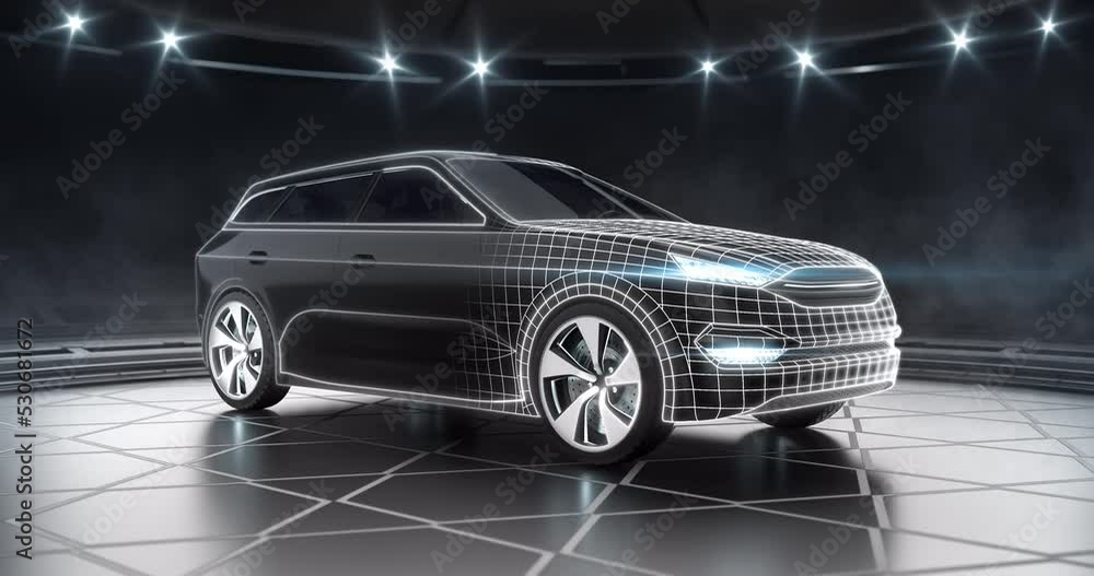 Tech plan and modern design of black suv car with headlights at showroom with spotlights. A front side view of the car. Professional automotive 4K video with own generic non existing car model.