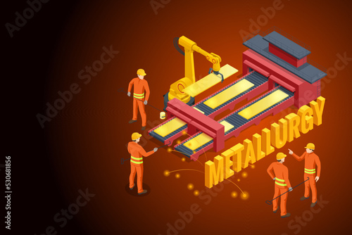 Steel making automated equipment. Isometric industrial steel production and metallurgy. Continuous casting machine. Production of steel billets.