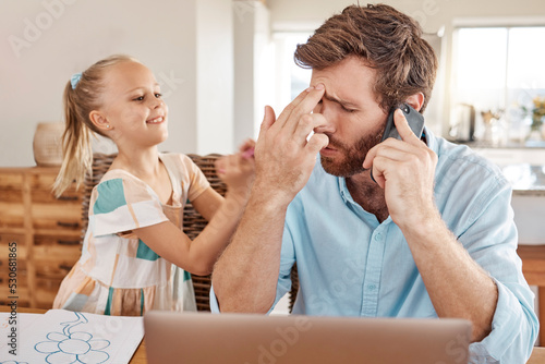 Stress, headache and father on a phone call with child and working from home or remote. Anxiety, depressed or stressed freelance dad, burnout business man trying to manage work life balance with kid photo
