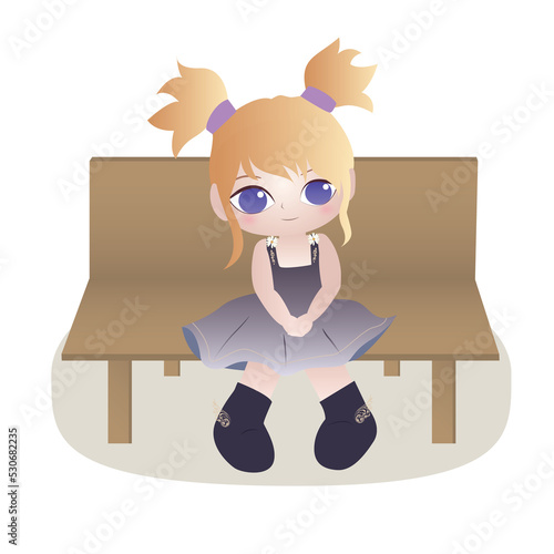 Girl sitting on a bench in purple dress and golden-winged shoes