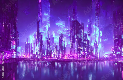 Futuristic metaverse city concept with glowing neon lights