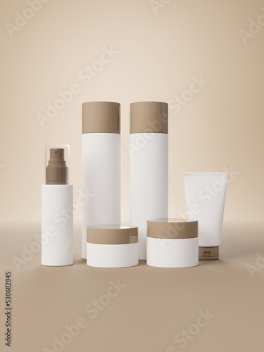 Wallpaper Mural Group of hair care products in different plastic bottles 3D render, shampoo, spray and cream, cosmetic packaging template Torontodigital.ca