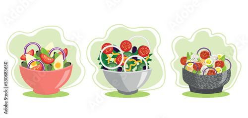 Bowls of tasty salads on white background