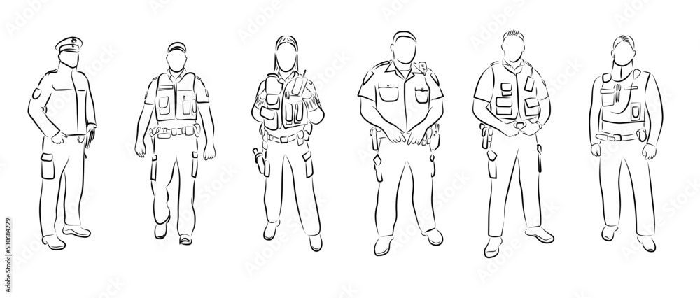 6 Polizisten Zeichnungen Police Officer Policeman Policewoman Lineart Vector Graphic - obrazy, fototapety, plakaty 