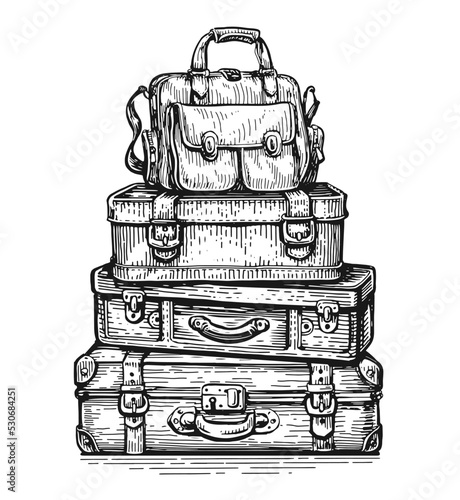 Trip and journey luggage bags heap isolated. Pile of travel baggage stacked. Suitcases sketch vector illustration