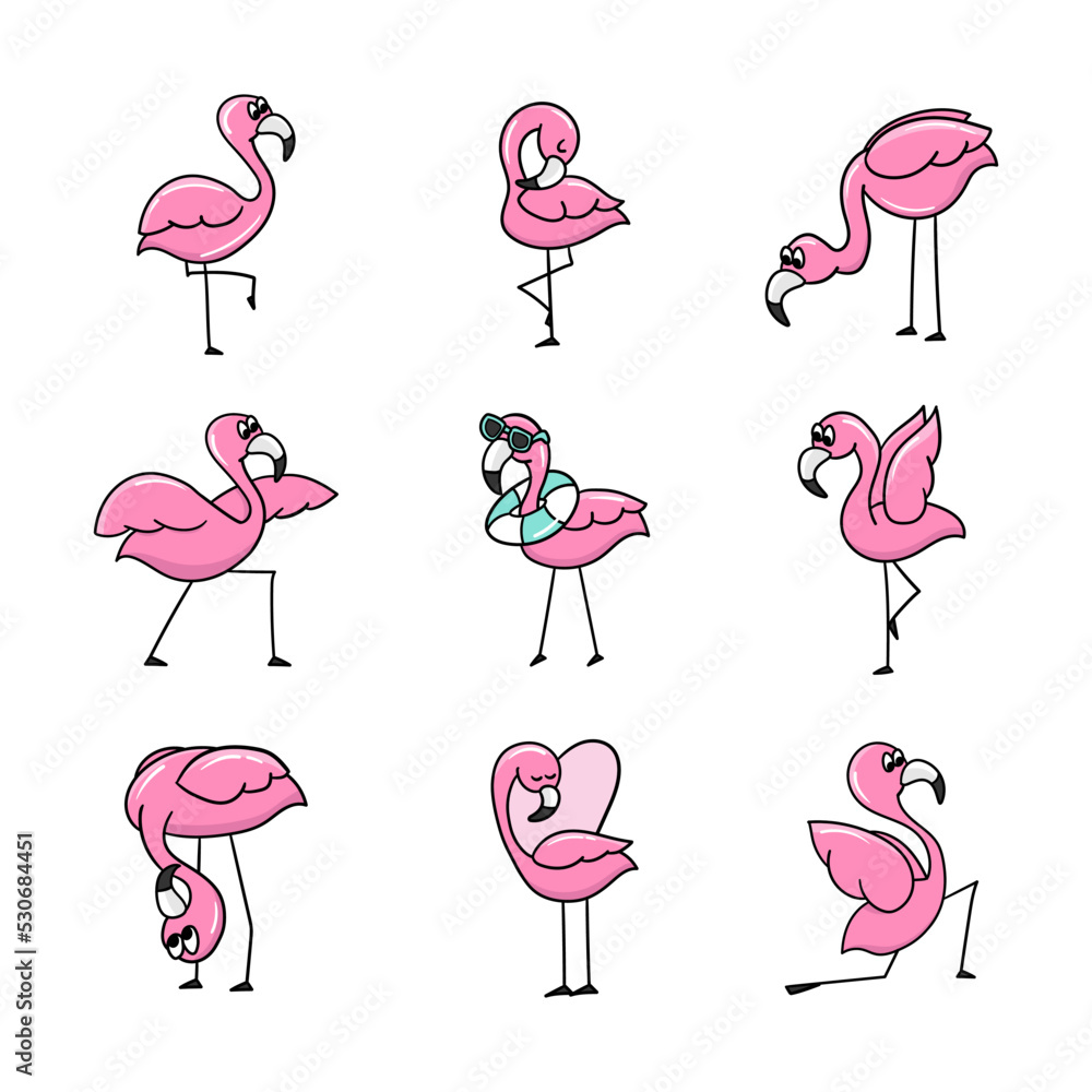 Set of flamingos. Cute pink flamingo bird. Set of stickers for design. Isolated on white background. Bright pictures with a thick outline Set of flamingos. Cute pink flamingo bird. Set of stickers for design. Isolated on white background. Bright pictures with a thick outline