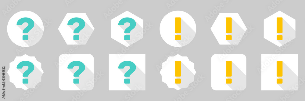 Question mark Icon Set, FAQ sign, Help symbol. Exclamation mark Icon Set, Attention sign, Caution icon, Hazard warning symbol. Light blue and Yellow style. Question mark Icon Set, FAQ sign, Help symbol. Exclamation mark Icon Set, Attention sign, Caution icon, Hazard warning symbol. Light blue and Yellow style.