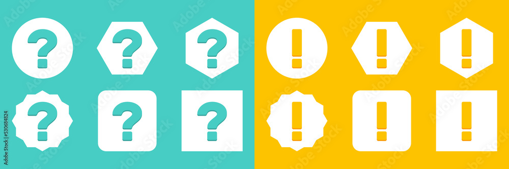 Question mark Icon Set, FAQ sign, Help symbol. Exclamation mark Icon Set, Attention sign, Caution icon, Hazard warning symbol. Light blue and Yellow style. Question mark Icon Set, FAQ sign, Help symbol. Exclamation mark Icon Set, Attention sign, Caution icon, Hazard warning symbol. Light blue and Yellow style.