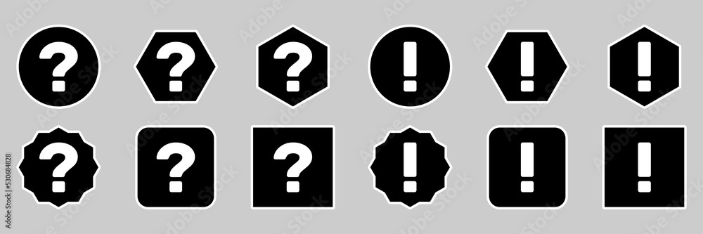Question mark Icon Set, FAQ sign, Help symbol. Exclamation mark Icon Set, Attention sign, Caution icon, Hazard warning symbol. White outline design. Question mark Icon Set, FAQ sign, Help symbol. Exclamation mark Icon Set, Attention sign, Caution icon, Hazard warning symbol. White outline design.