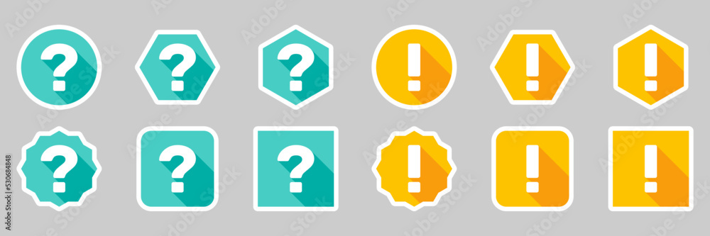 Question mark Icon Set, FAQ sign, Help symbol. Exclamation mark Icon Set, Attention sign, Caution icon, Hazard warning symbol. Light blue and Yellow style. White stroke design. Question mark Icon Set, FAQ sign, Help symbol. Exclamation mark Icon Set, Attention sign, Caution icon, Hazard warning symbol. Light blue and Yellow style. White stroke design.