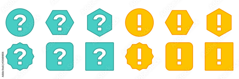 Question mark Icon Set, FAQ sign, Help symbol. Exclamation mark Icon Set, Attention sign, Caution icon, Hazard warning symbol. Light blue and Yellow style. Question mark Icon Set, FAQ sign, Help symbol. Exclamation mark Icon Set, Attention sign, Caution icon, Hazard warning symbol. Light blue and Yellow style.