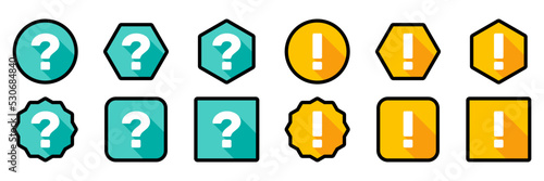 Question mark Icon Set, FAQ sign, Help symbol. Exclamation mark Icon Set, Attention sign, Caution icon, Hazard warning symbol. Light blue and Yellow style. Black stroke design.