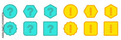 Question mark Icon Set, FAQ sign, Help symbol. Exclamation mark Icon Set, Attention sign, Caution icon, Hazard warning symbol. Light blue and Yellow style.