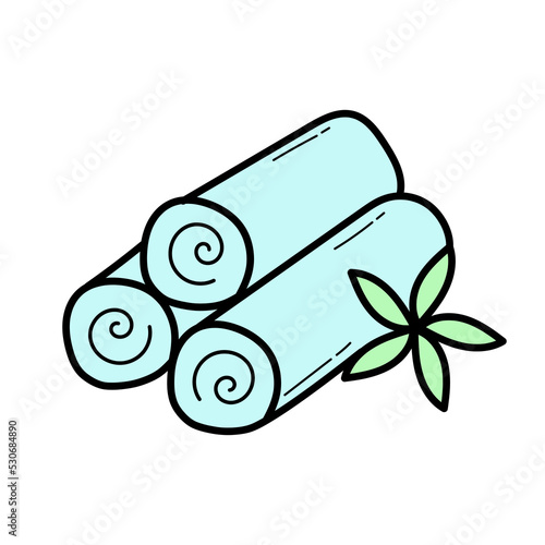 Three rolled hot towels isolated on white background. Spa, wellness element for design. Bathroom line pictogram in doodle style