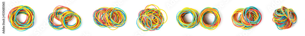 Set of colorful rubber bands isolated on white, top view Set of colorful rubber bands isolated on white, top view