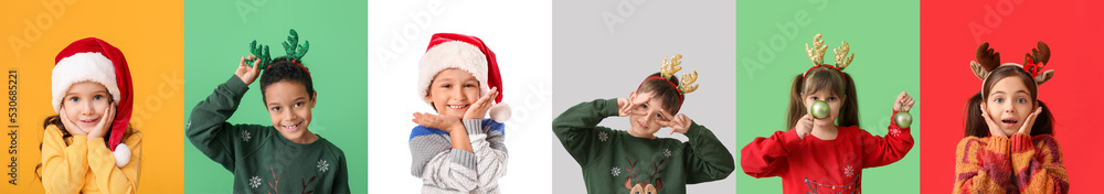 Collage of happy little children in winter clothes and with Christmas decorations on color background Collage of happy little children in winter clothes and with Christmas decorations on color background