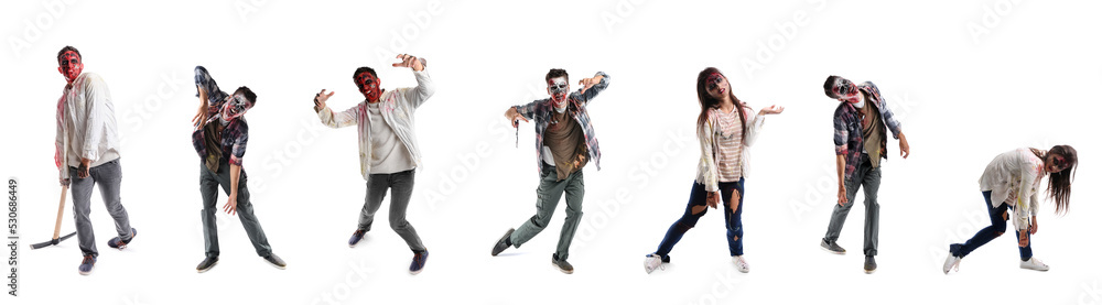 Set of many scary zombies on white background