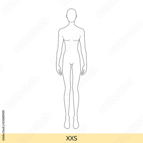 XXS size Men Fashion template 9 nine head extra small size Croquis Gentlemen model skinny body figure front view. Vector outline isolated sketch boy for Fashion Design, Illustration, technical drawing