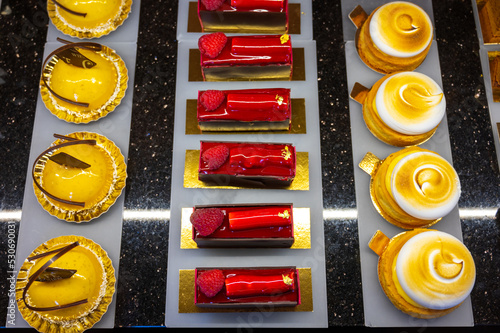Photography Austrian desserts, different types of chocolate and fruit cakes in cafe in Vienna